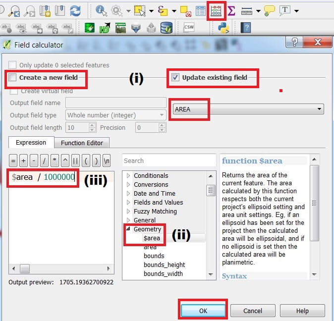 calculate area attributes toolbar in qgis