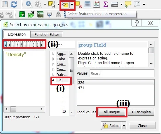 expression featutes attributes toolbar in qgis