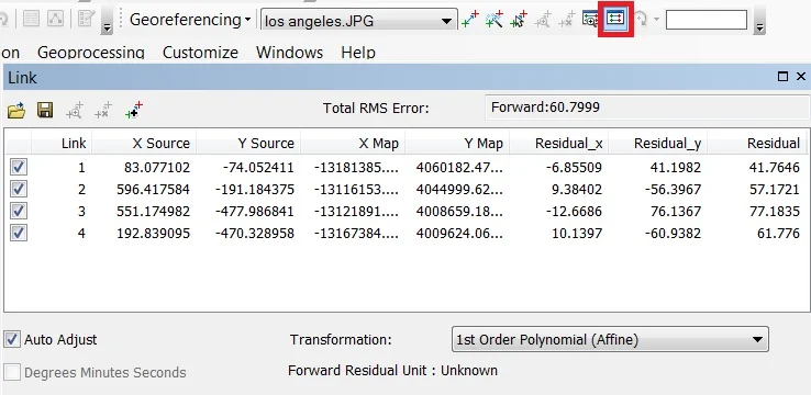 view link table for image Georeference in arcgis