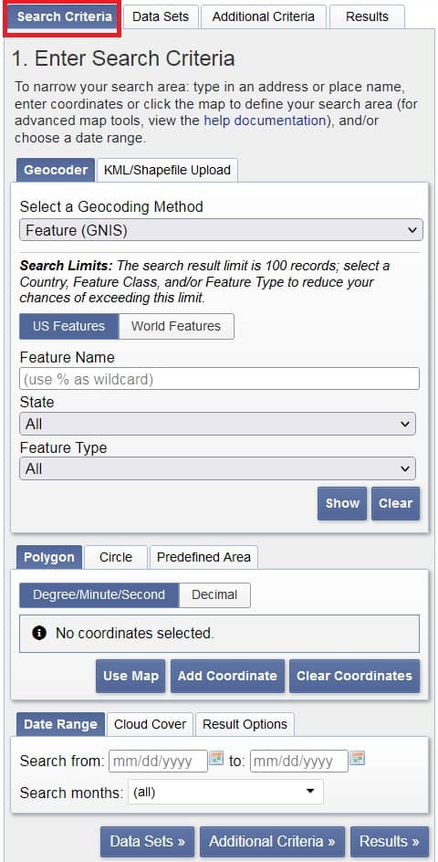 USGS Earth Explorer Search Criteria