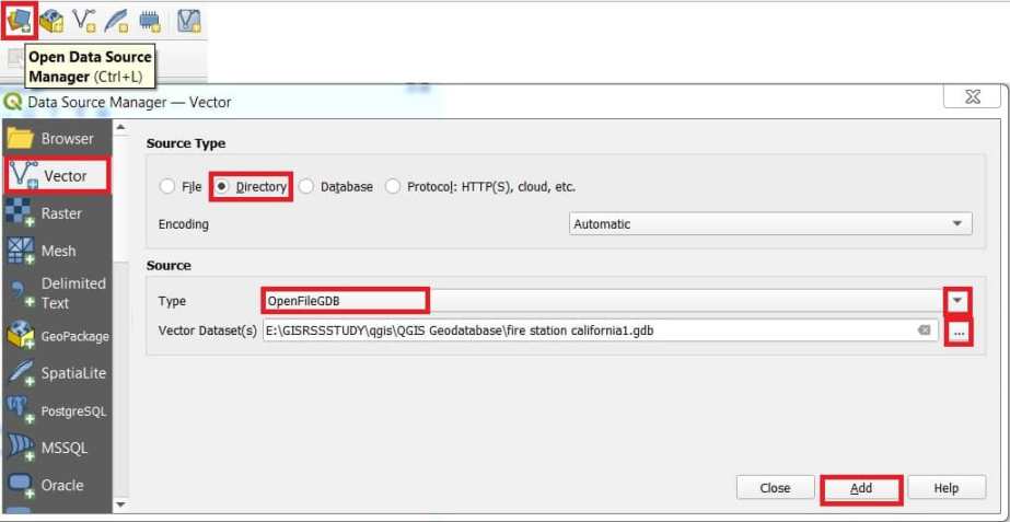 Open Geodatabase with QGIS Data Source Manager