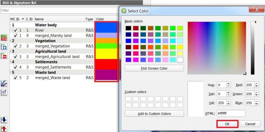  change the color, class name and id Supervised Image Classification in qgis