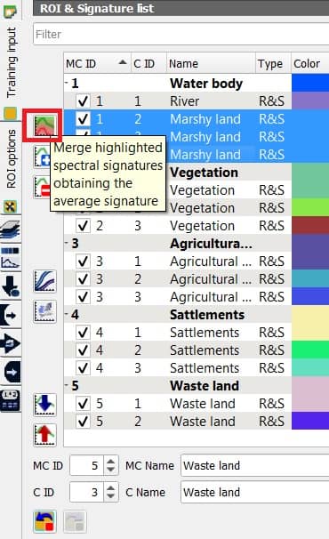 Marge highlighted spectral signatures obtaining the average signature