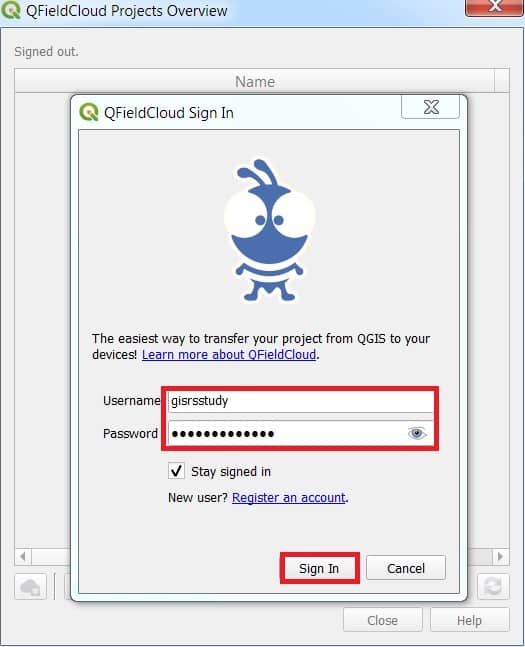 Sign in QField Cloud in QGIS