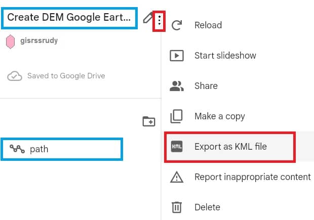 Export as KML file in Google Earth Web